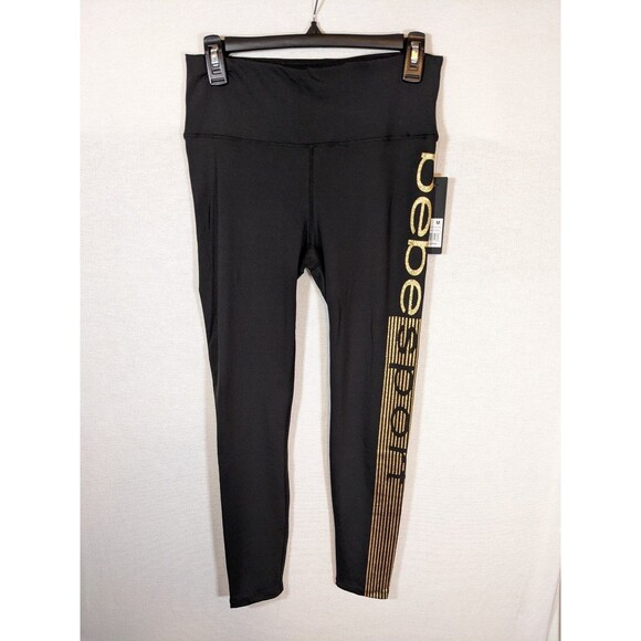 NWT Bebe Sport Logo Leggings Women’s Medium Black Sport Sparkling Gold Logo - Picture 1 of 10